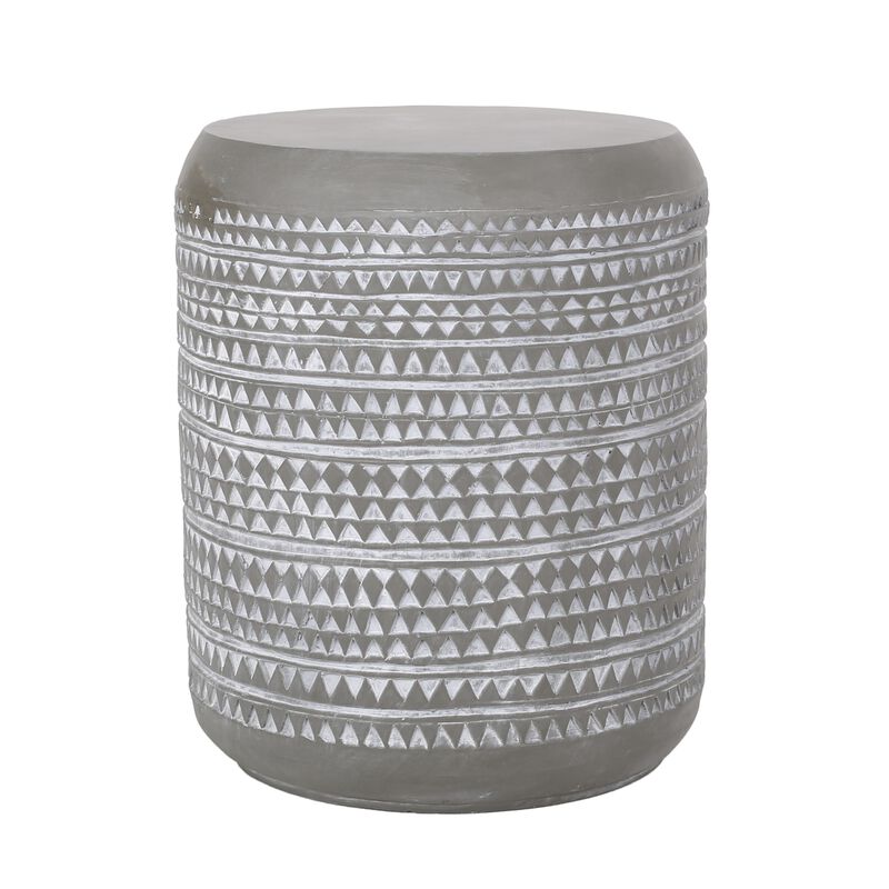 Outdoor End Table, 16 Inch Round Gray Faux Concrete w White Pattern - Benzara