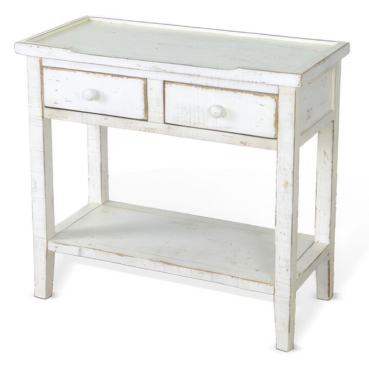 Rena Side End Table, 2 Drawers 1 Shelf, 28 Inch Rustic White Mahogany - Benzara
