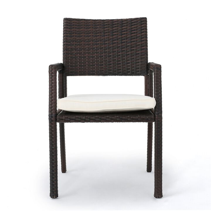 Roeh Outdoor Dining Chair Set of 2, Contemporary Wicker and Brown Fabric