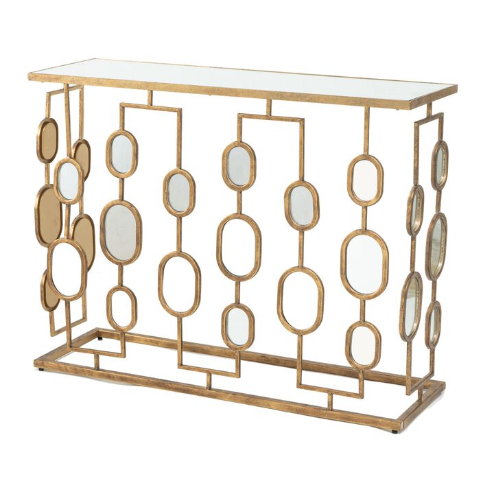 39 Inch Iron Console Table, Modern Contemporary Mirror Top, Rustic Gold-Benzara 39 Inch Iron Console Table, Modern Contemporary Mirror Top, Rustic Gold-Benzara