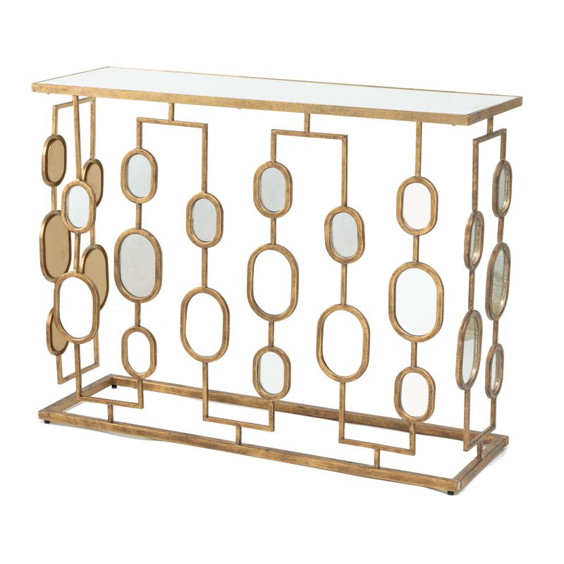 39 Inch Iron Console Table, Modern Contemporary Mirror Top, Rustic Gold-Benzara