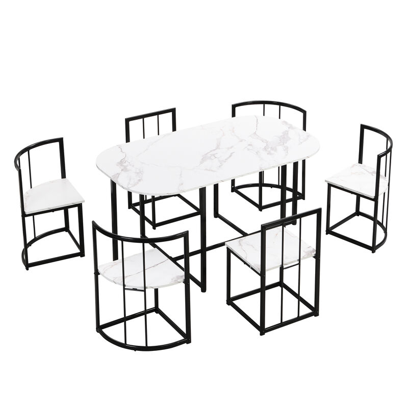 Modern 7-Piece Dining Table Set With Faux Marble Compact 5 5" Kitchen Table Set For 6