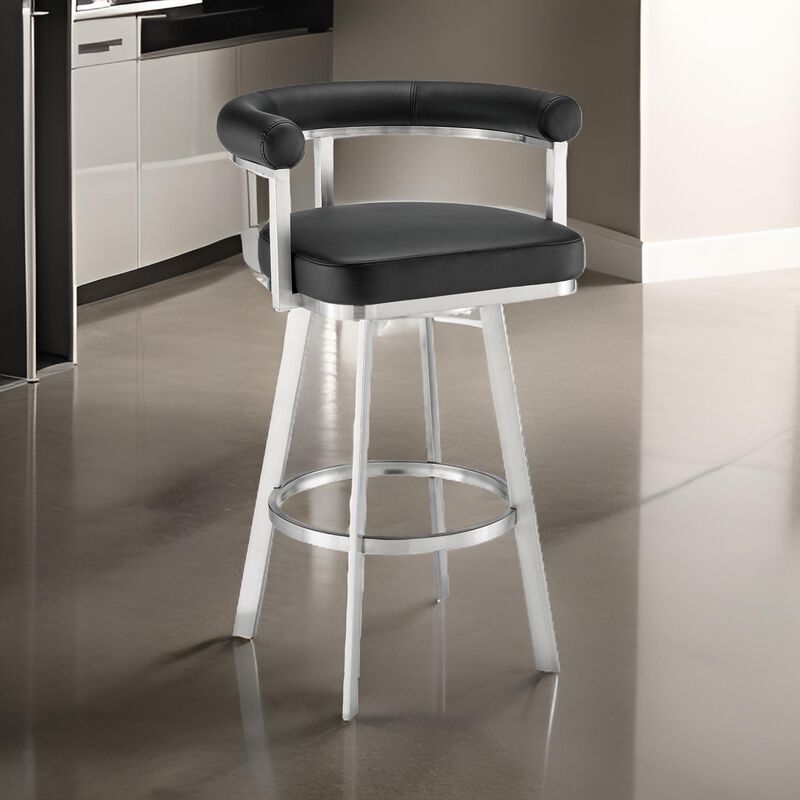 Weni 30 Inch Swivel Barstool Chair, Barrel Open Back, Black, Steel Frame - Benzara