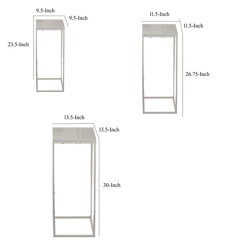 Plant Stand Table Set of 3, White Marble, Metal Frames, Square Tops - Benzara