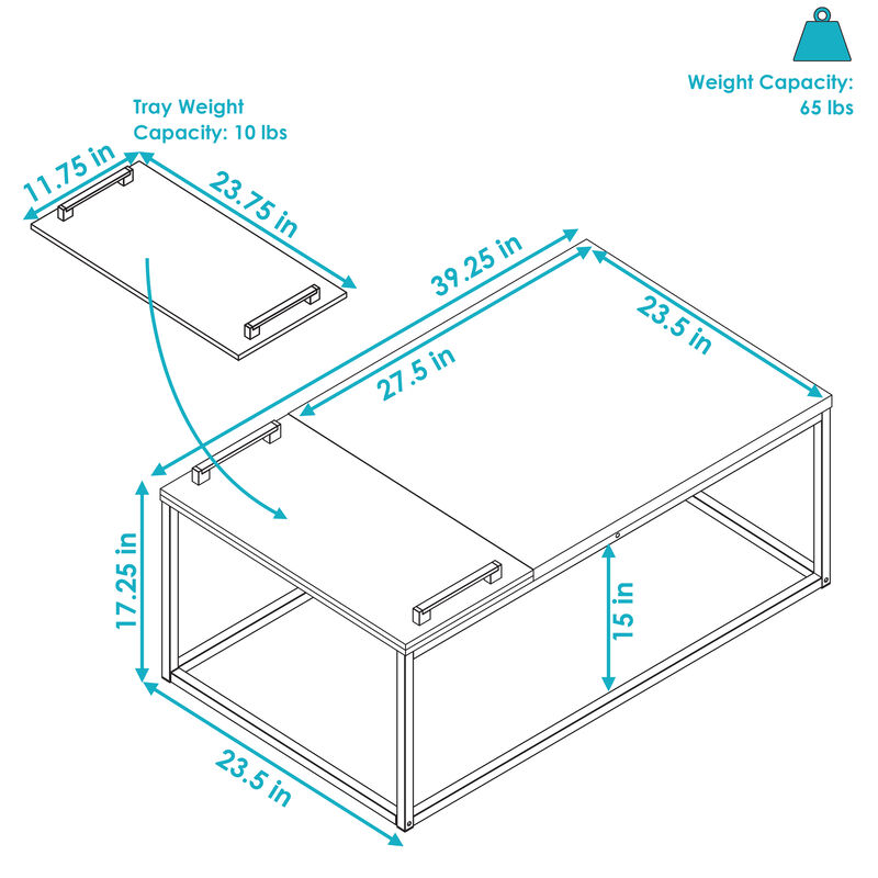 Sunnydaze Industrial Coffee Table with Removable Serving Tray - 16 in H