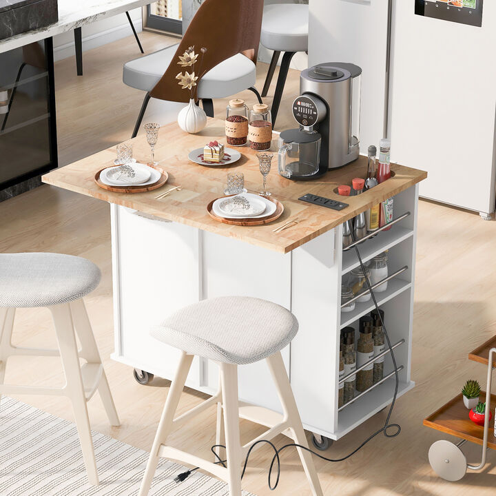 Streamdale Kitchen Island with Power Outlet and Drop Leaf, White