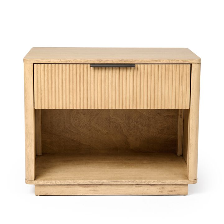 Noe Celia 32 Inch Nightstand, 1 Drawer, Shelf, Metal, Natural Solid Wood - Benzara