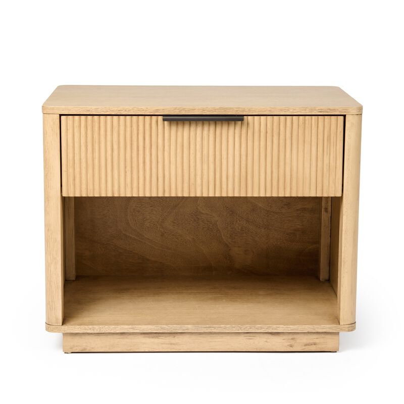 Noe Celia 32 Inch Nightstand, 1 Drawer, Shelf, Metal, Natural Solid Wood - Benzara