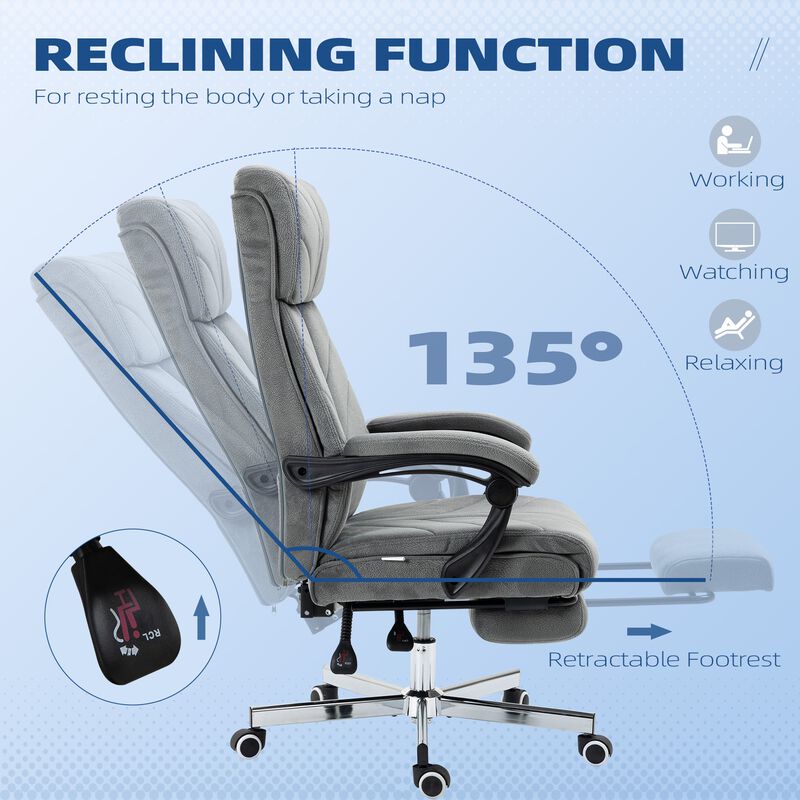 Gray Office Comfort: High-Back Reclining Chair with Footrest