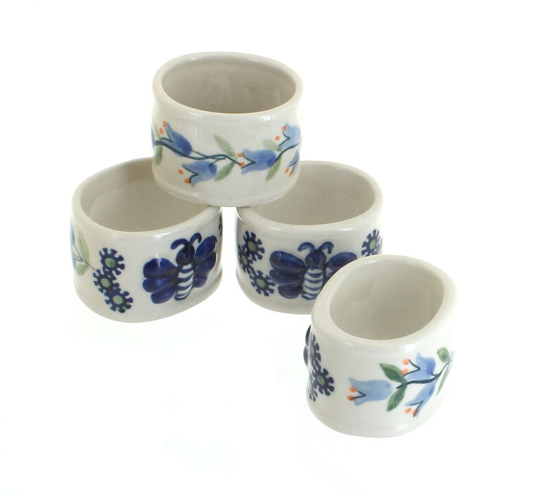 Blue Rose Polish Pottery Red Daisy Napkin Ring Set
