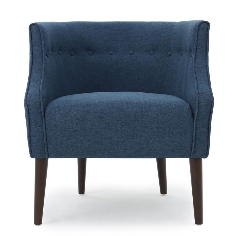 Accent Club Chair, Curved Barrel Back, Button Tufted, Navy Blue Fabric - Benzara