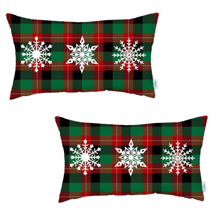 Hivvago Set of 2 Christmas Snowflake Trio Plaid Lumbar Throw Pillows