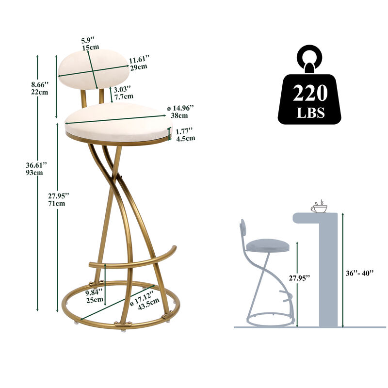 Set of 2 Round Bar Stools Armless Barstools with Back for Kitchen & Bar Seating