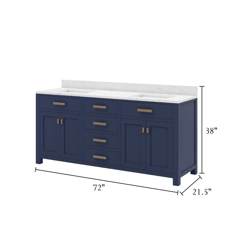 Madison 72 In. Double Sink Carrara White Marble Countertop Bath Vanity In Monarch Blue with Satin Gold Hardware