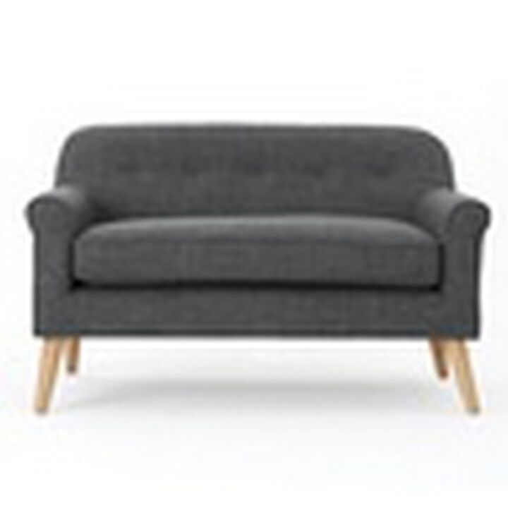 Loveseat, 50 Inch Smooth Tufted Gray Polyester, Natural Brown Wood - Benzara