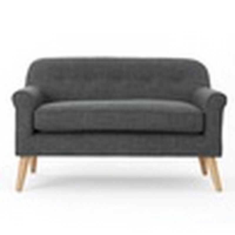 Loveseat, 50 Inch Smooth Tufted Gray Polyester, Natural Brown Wood - Benzara