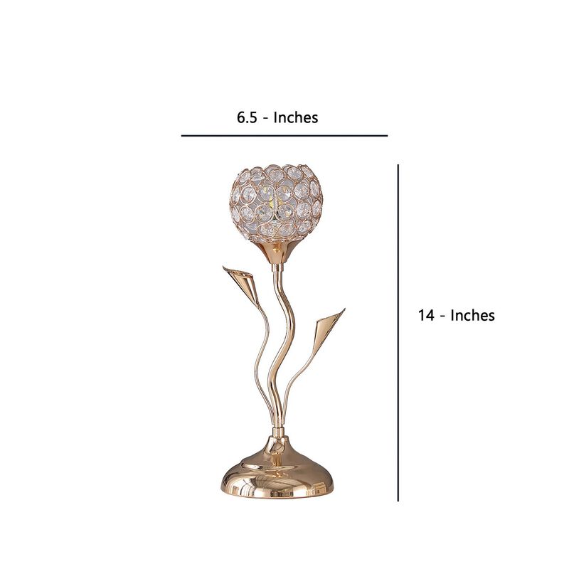 Metal Table Lamp with Floral Shade and Acrylic Crystals, Gold-Benzara