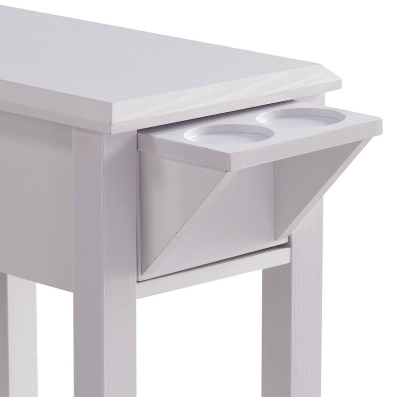 24 Inch Modern Chairside Table with Extendable Drawer and Cupholders, White - Benzara