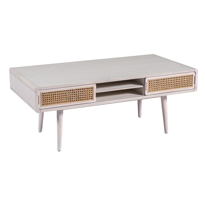 Camy Coffee Table, Brown Cane Woven Doors, Open Shelf, White 48 Inch - Benzara