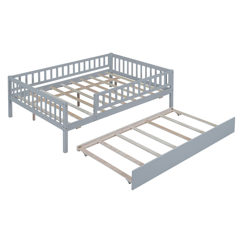 Full Size Wood Daybed With Trundle And Fence Guardrails