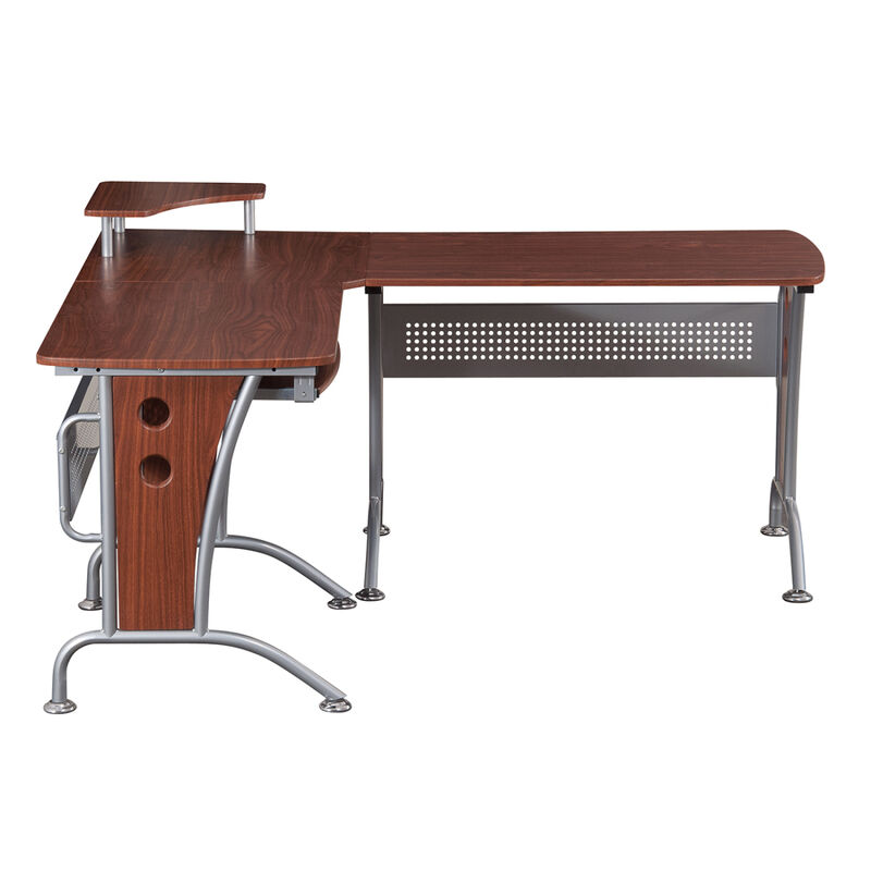 Deluxe L-Shaped Computer Desk With Pull Out Keyboard Panel, Mahogany