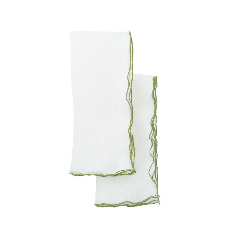 Linen Napkins With Green Ruffled Edges, Set of 4