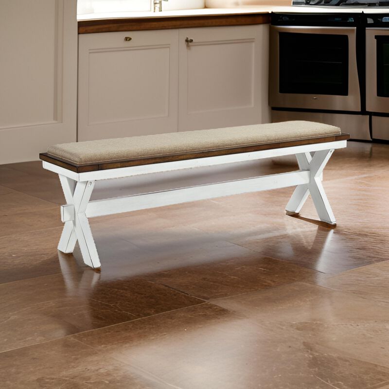 60 Inch Bench, Polyester Upholstery, Crossed Legs, Antique White Finish-Benzara