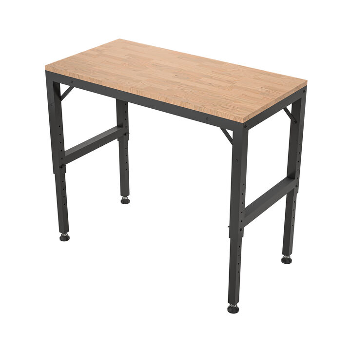 Industrial Adjustable Workbench, Rubber Wood Shop Table with Rubber Pads
