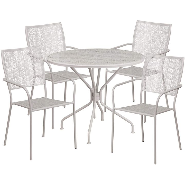 Flash Furniture Oia Commercial Grade 35.25" Round Light Gray Indoor-Outdoor Steel Patio Table Set with 4 Square Back Chairs