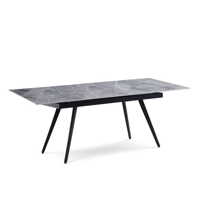 79 Inch Extendable Modern Dining Table, Textured Stone Surface, Warm Gray - Benzara