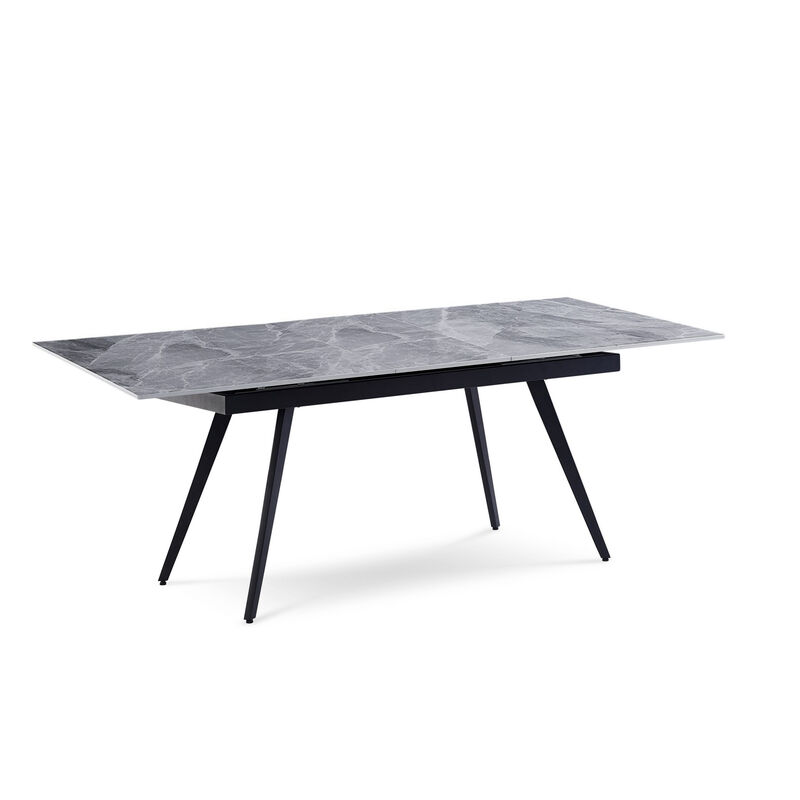 79 Inch Extendable Modern Dining Table, Textured Stone Surface, Warm Gray - Benzara