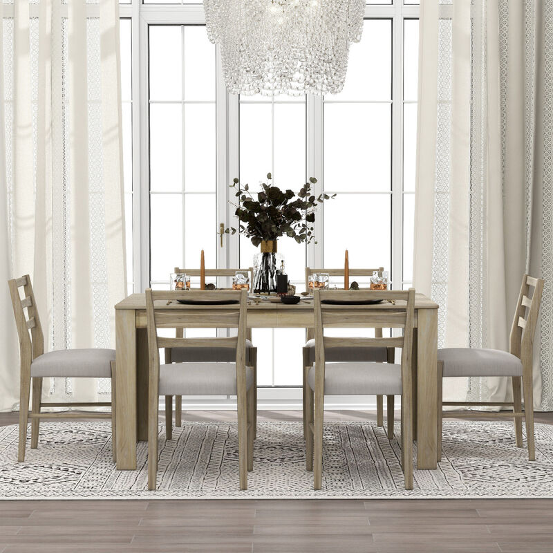 7-Piece Wooden Dining Table Set Mutifunctional Extendable Table With 12" Leaf And 2 Drawers