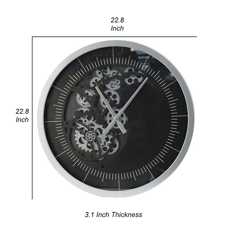 Reny 23 Inch Wall Clock, Decorative Gear Design, Round, Silver, Black Iron - Benzara