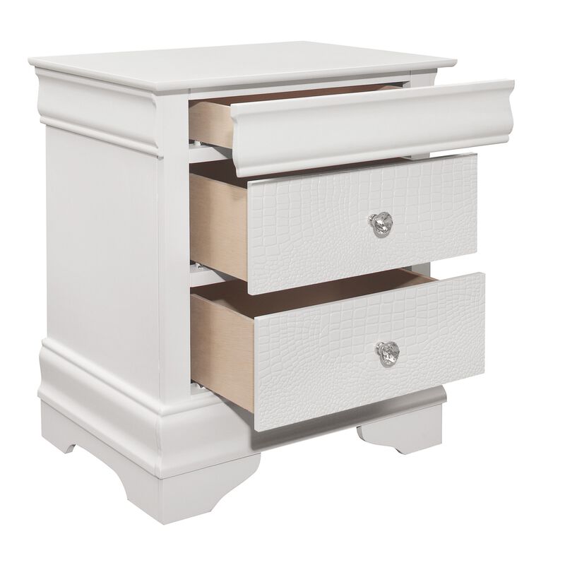 Teich 24 Inch Wood Nightstand, 2 Drawers, Textured Panels, Crisp White-Benzara