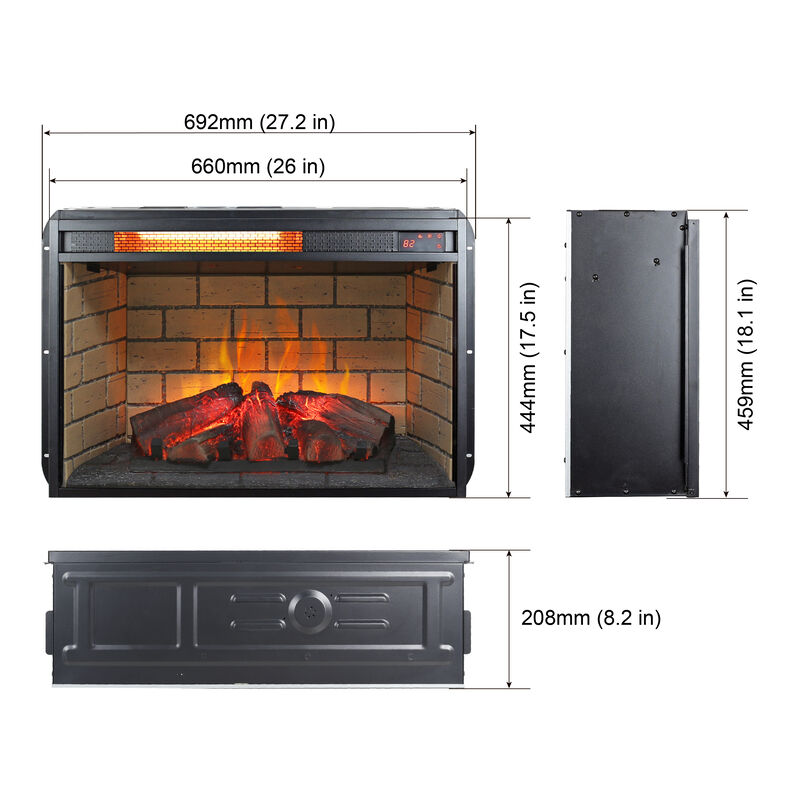 Wood Log Infrared Quartz Heater Fireplace Insert with Brick Interior