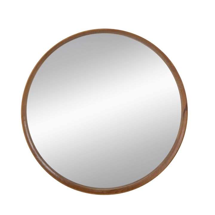 Roe 40 Inch Round Accent Mirror, Brown Pine Wood Frame, Wall Hung-Benzara