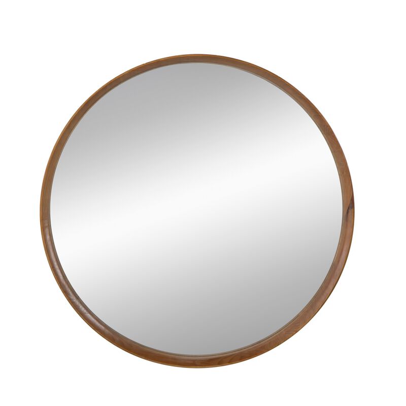 Roe 40 Inch Round Accent Mirror, Brown Pine Wood Frame, Wall Hung-Benzara