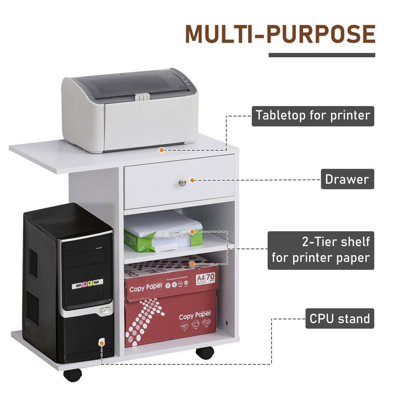 White Printer Station: Rolling Stand with Adjustable Shelf and Drawer