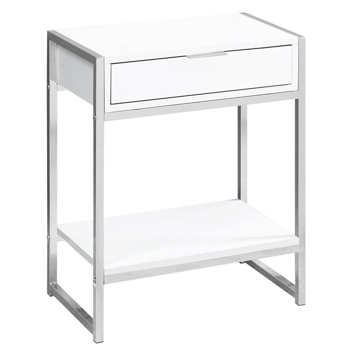 Monarch Specialties I 3480 Accent Table, Side, End, Nightstand, Lamp, Storage Drawer, Living Room, Bedroom, Metal, Laminate, Glossy White, Chrome, Contemporary, Modern
