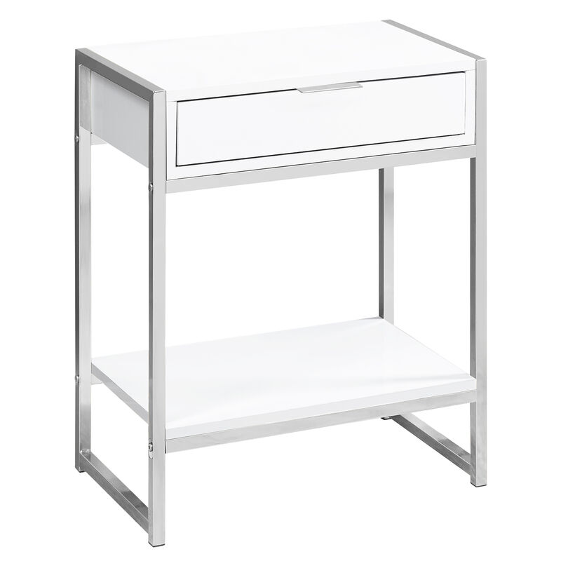 Monarch Specialties I 3480 Accent Table, Side, End, Nightstand, Lamp, Storage Drawer, Living Room, Bedroom, Metal, Laminate, Glossy White, Chrome, Contemporary, Modern