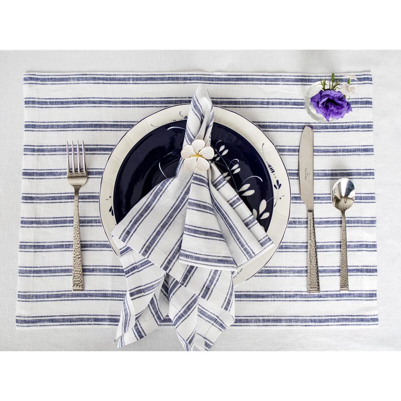 Solino Home 100% Pure Linen Placemats 14 x 19 Inch Set of 4 |Capri Ticking Stripe