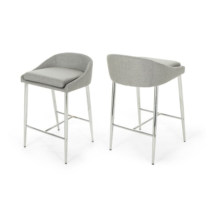 Yoko Counter Stool Chair, Curved Back, Chrome Iron Legs, Gray Fabric - Benzara
