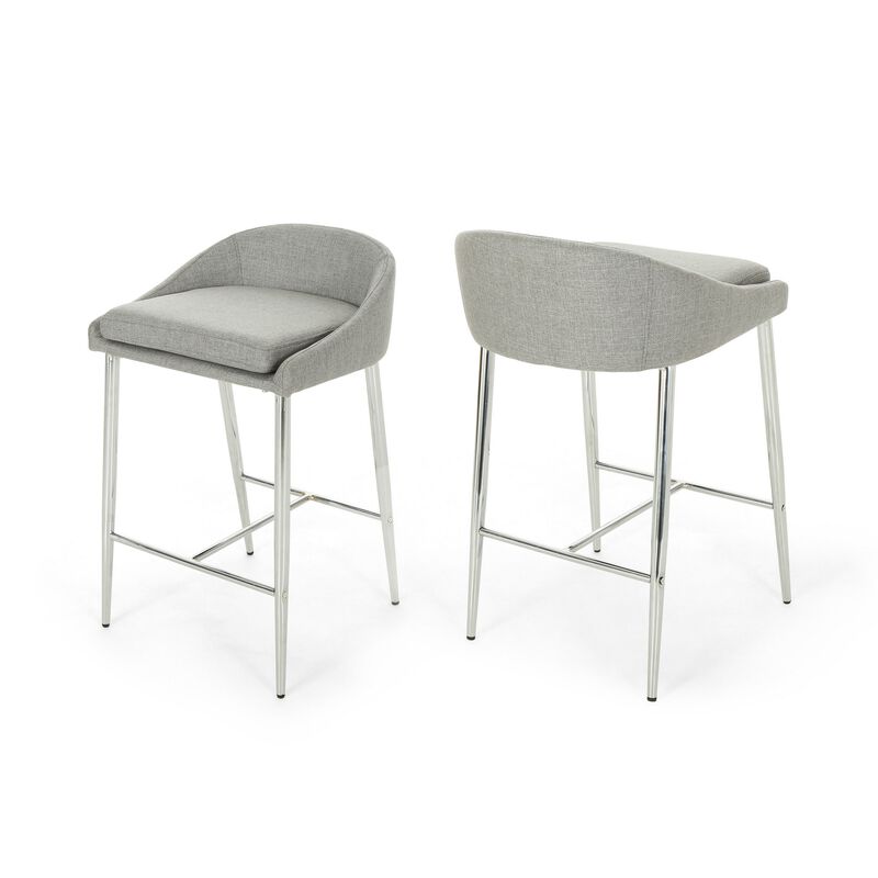Yoko Counter Stool Chair, Curved Back, Chrome Iron Legs, Gray Fabric - Benzara