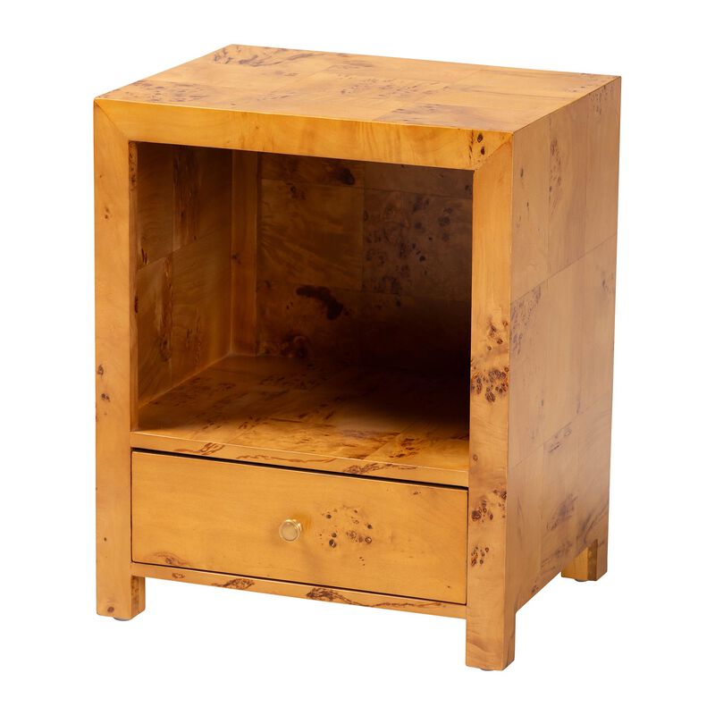 bali & pari Camira Modern and Contemporary Natural Light Mappa Burl Wood 1 Drawer Nightstand