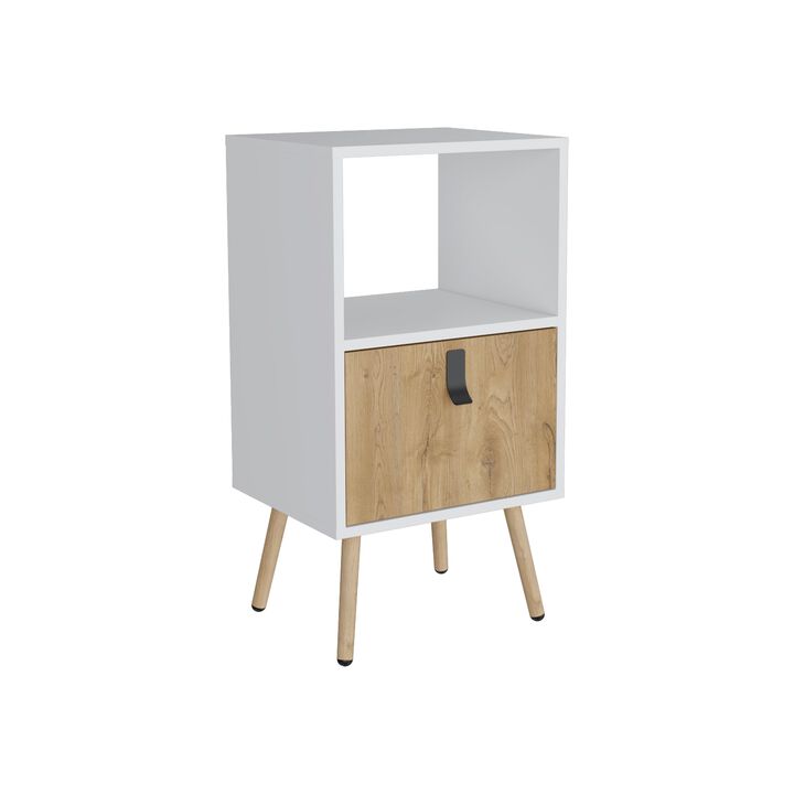 Huna Tall Nightstand with Open Storage and Drawer in Modern Design-White / Macadamia