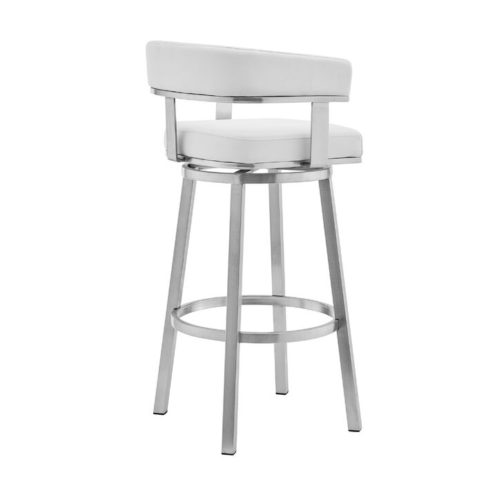 Swivel Barstool with Open Curved Back and Metal Legs, White and Silver - Benzara