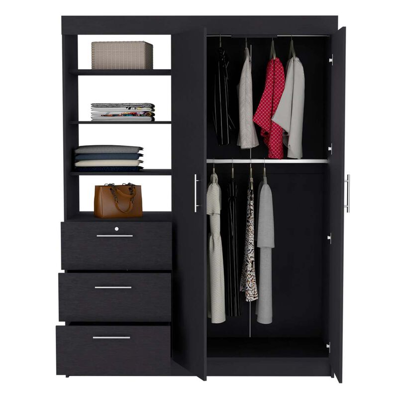 Kenya 3 Drawers Armoire, Double Door, 3-Tier Shelf - Black