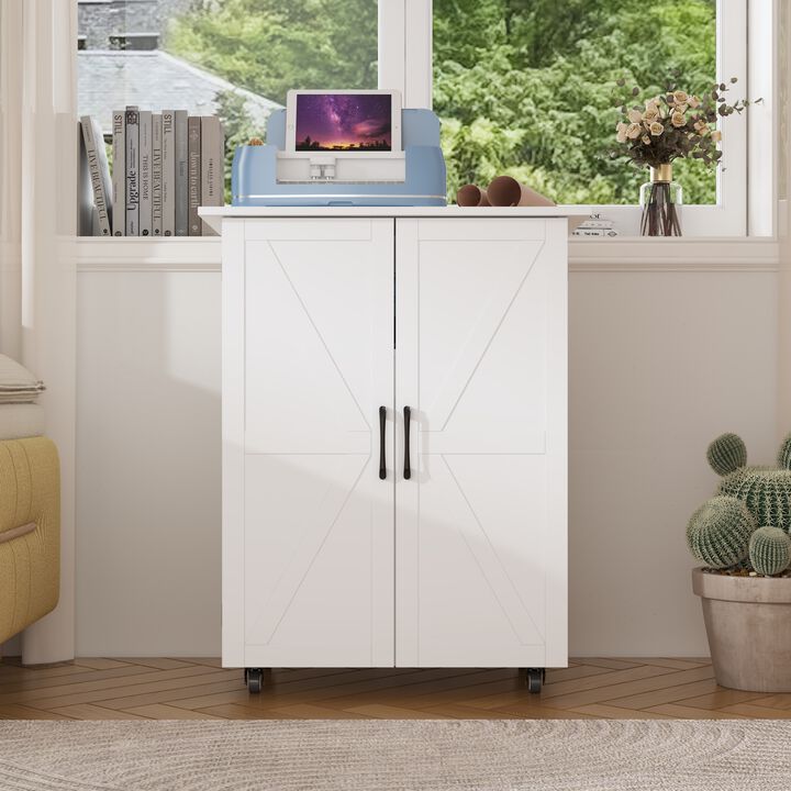 FUFU&GAGA Modern White Storage Cabinet – X-Design Doors, 8 Plastic Bins, Lockable Casters, Durable MDF (27.3" W x 19" D x 31.3" H), White