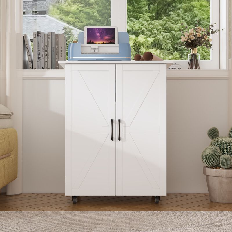 FUFU&GAGA Modern White Storage Cabinet – X-Design Doors, 8 Plastic Bins, Lockable Casters, Durable MDF (27.3" W x 19" D x 31.3" H), White