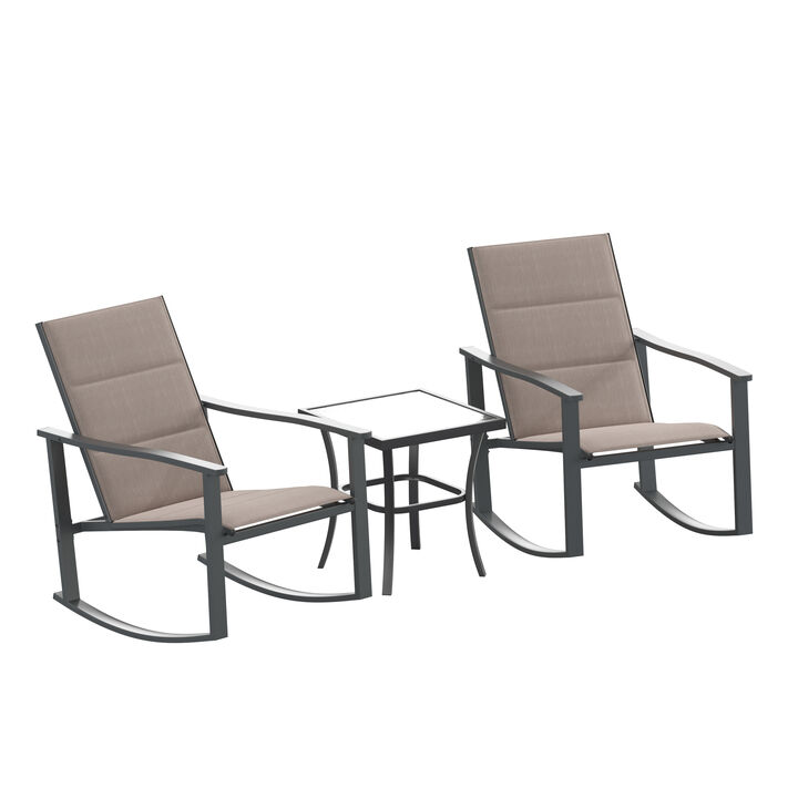 Flash Furniture Brazos 3 Piece Outdoor Rocking Chair Bistro Set with Flex Comfort Material and Steel Framed Glass Top Table